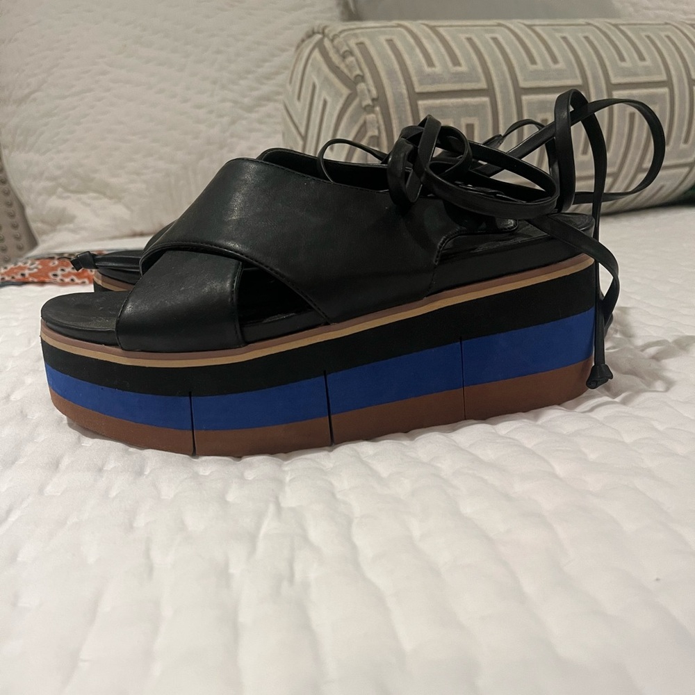 Black strappy Leather Platform Sandal with Blue and brown stripe Accent